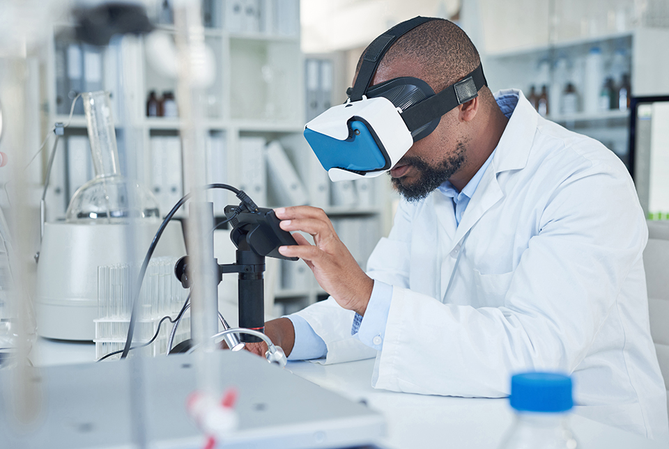 A man wearing a VR headset working in a healthcare environment